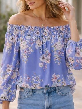 White House Black Market Floral Off Shoulder Blouse XXS Smocked